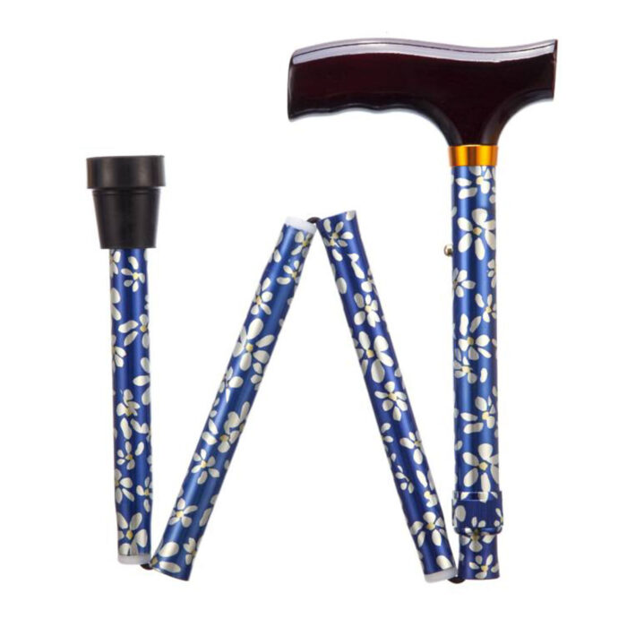 Folding Adjustable Walking Stick - Blue Petal